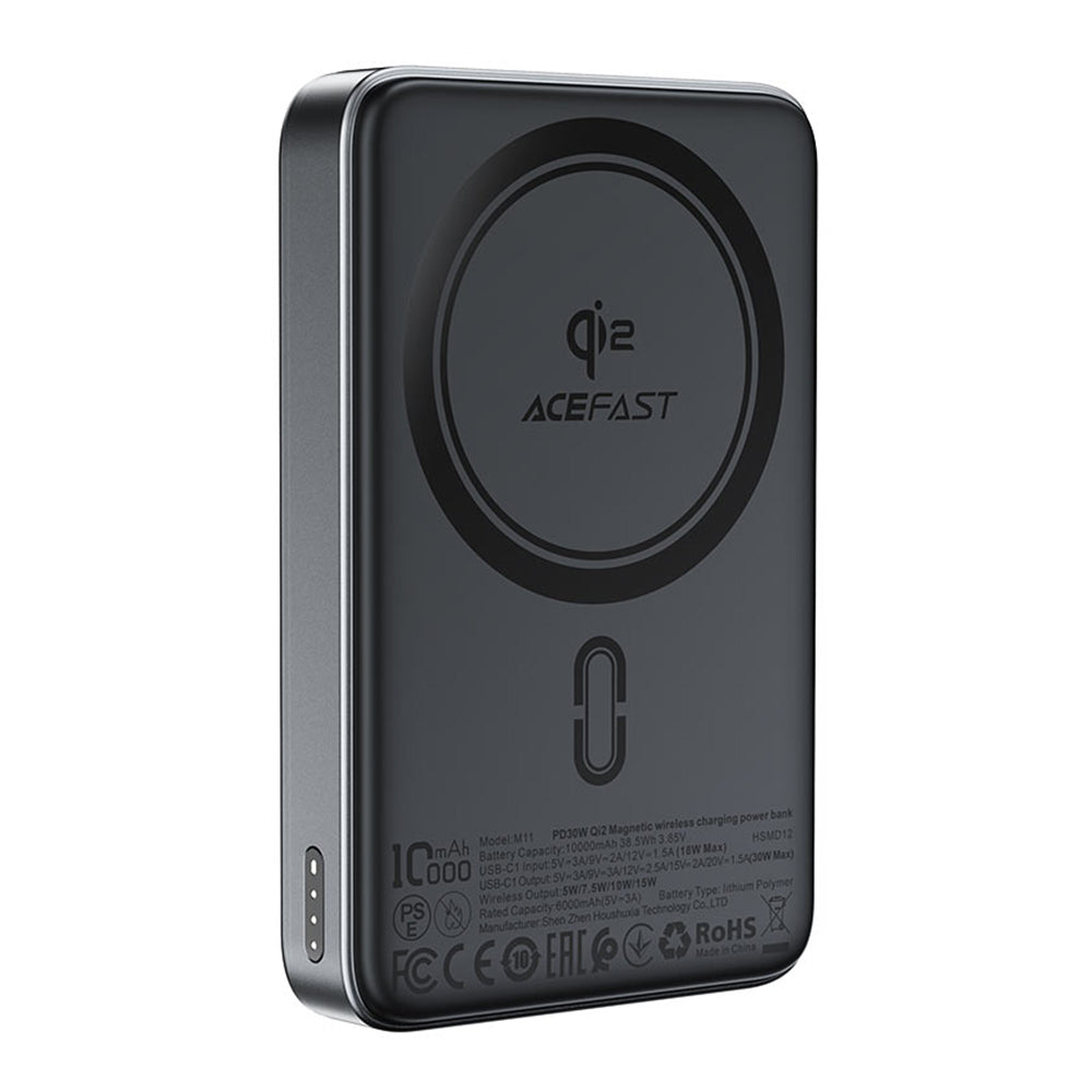 Acefast M11 vezeték nélküli külső akkumulátor, 10000mAh, 30W, PD + FQI, 1 x QI - 1 x USB-C, fekete