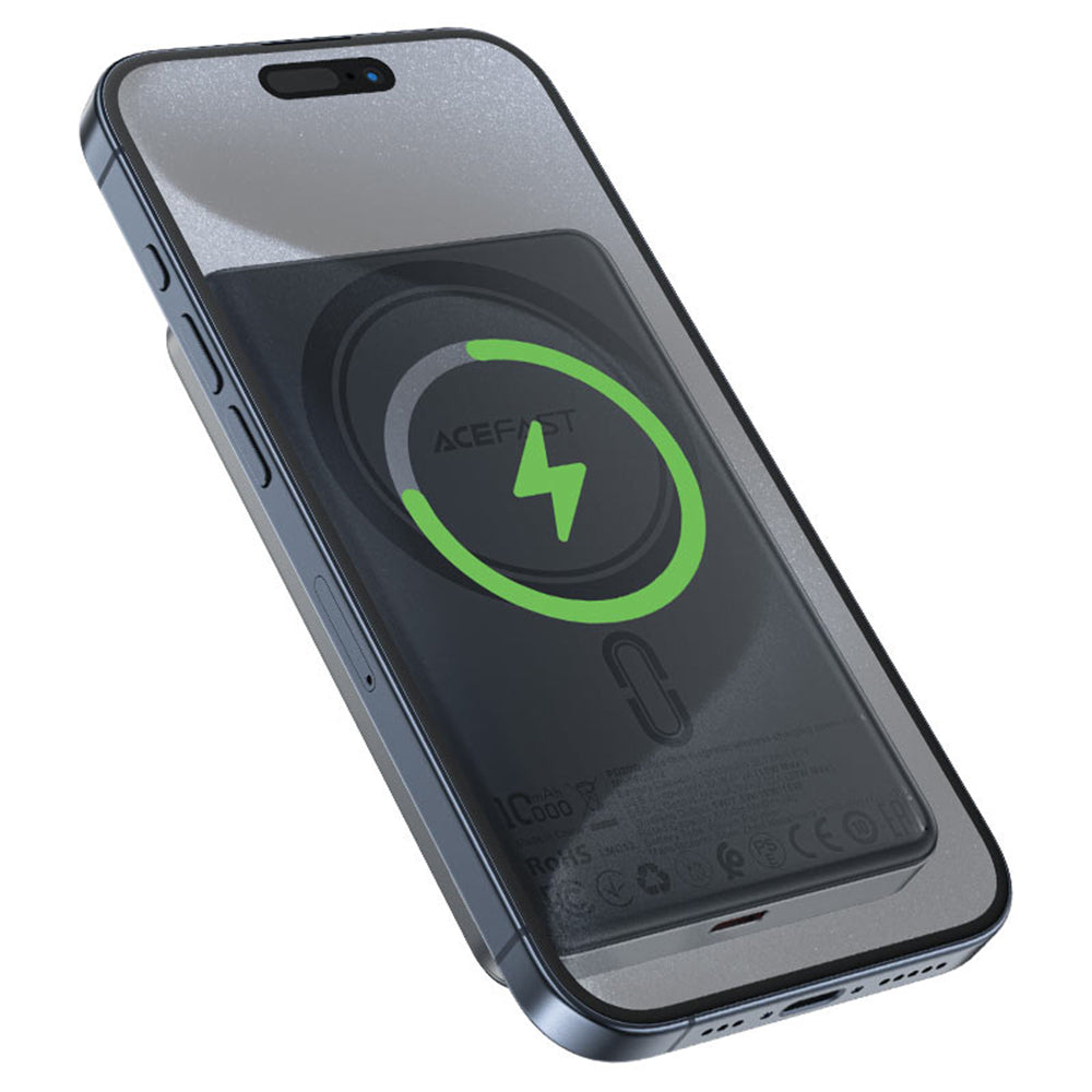 Acefast M12 vezeték nélküli külső akkumulátor, 10000mAh, 20W, PD + FQI, 1 x QI - 1 x USB-C, Fekete