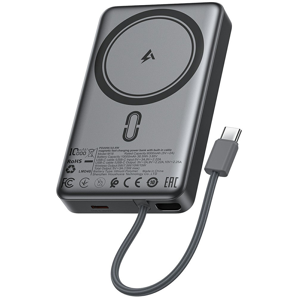 Acefast M18 vezeték nélküli külső akkumulátor, 10000mAh, 22.5W, PD + FQI, 1 x QI - 2 x USB-C, fekete