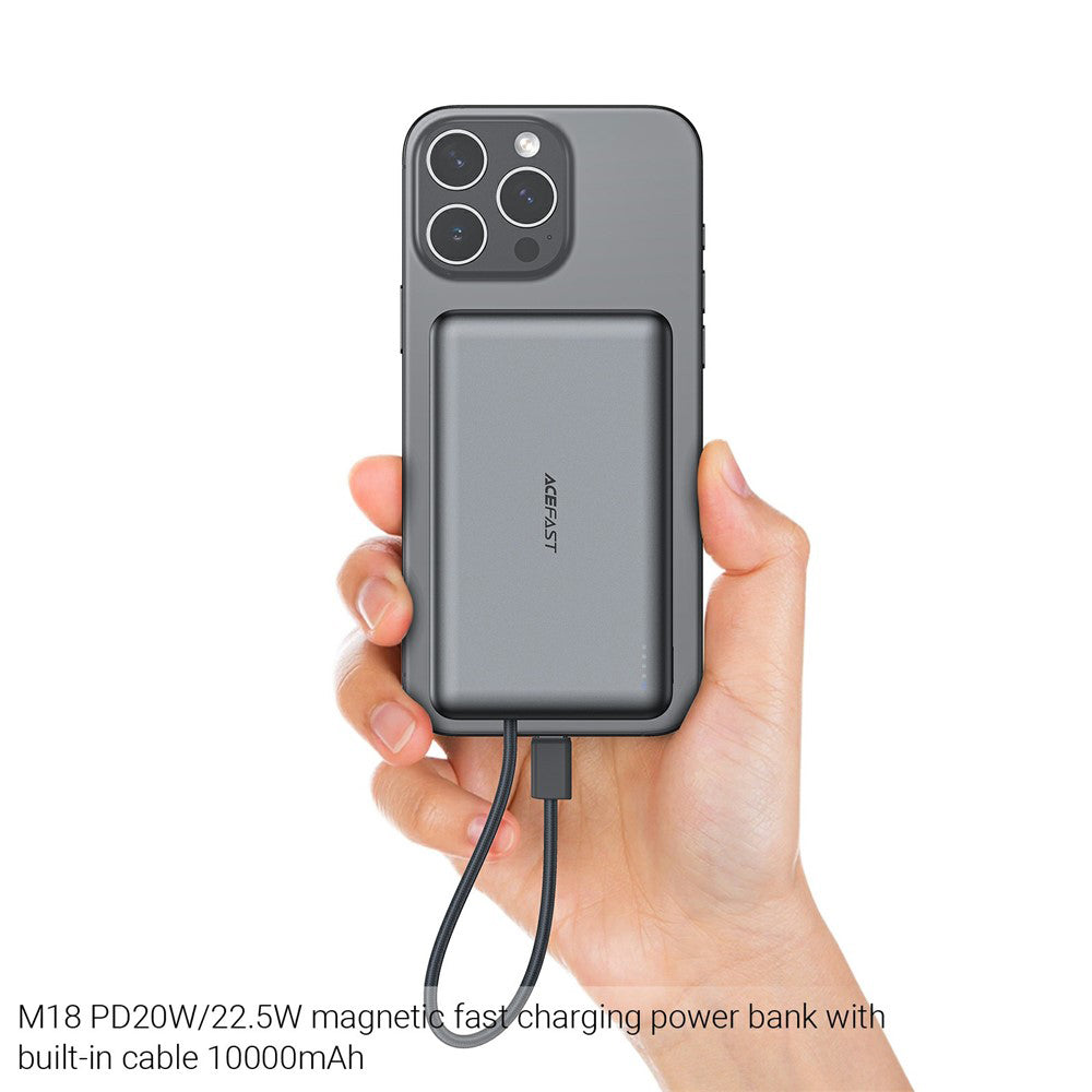 Acefast M18 vezeték nélküli külső akkumulátor, 10000mAh, 22.5W, PD + FQI, 1 x QI - 2 x USB-C, fekete