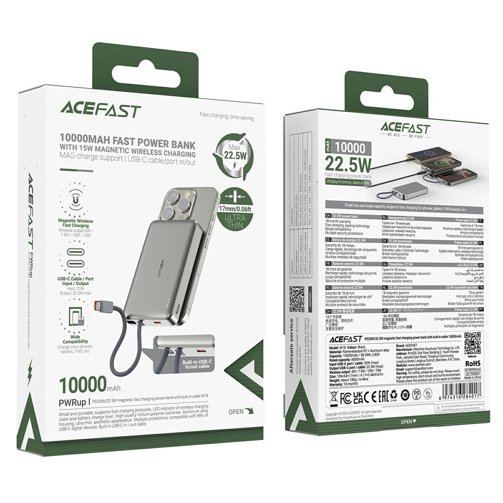 Acefast M18 vezeték nélküli külső akkumulátor, 10000mAh, 22.5W, PD + FQI, 1 x QI - 2 x USB-C, fekete