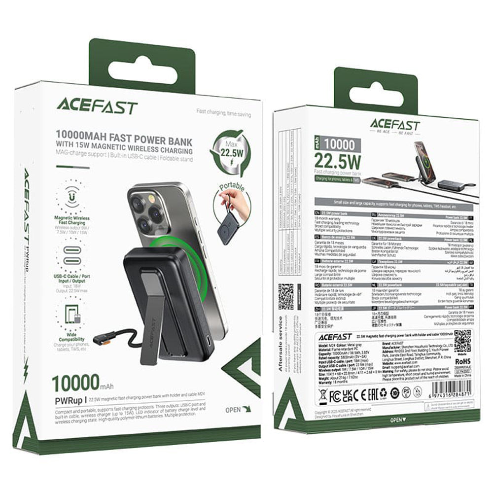 Vezeték nélküli külső akkumulátor Acefast M24, 10000mAh, 22.5W, PD + FQI, 1 x QI - 2 x USB-C, Szürke