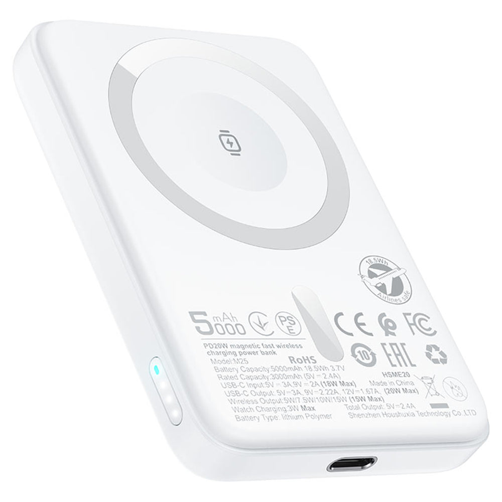 Acefast M25 vezeték nélküli külső akkumulátor, 5000mAh, 20W, PD + FQI, 1 x QI - 1 x USB-C, Fehér