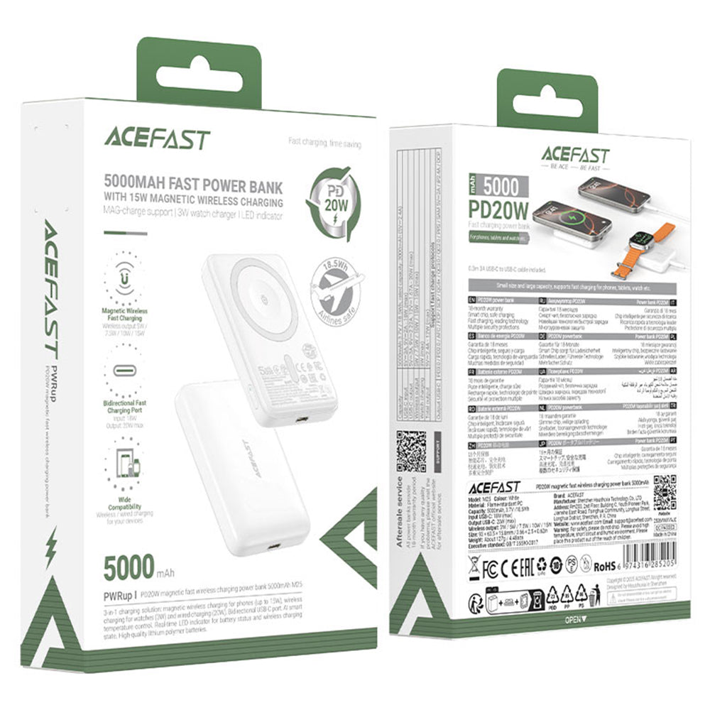 Acefast M25 vezeték nélküli külső akkumulátor, 5000mAh, 20W, PD + FQI, 1 x QI - 1 x USB-C, Fehér