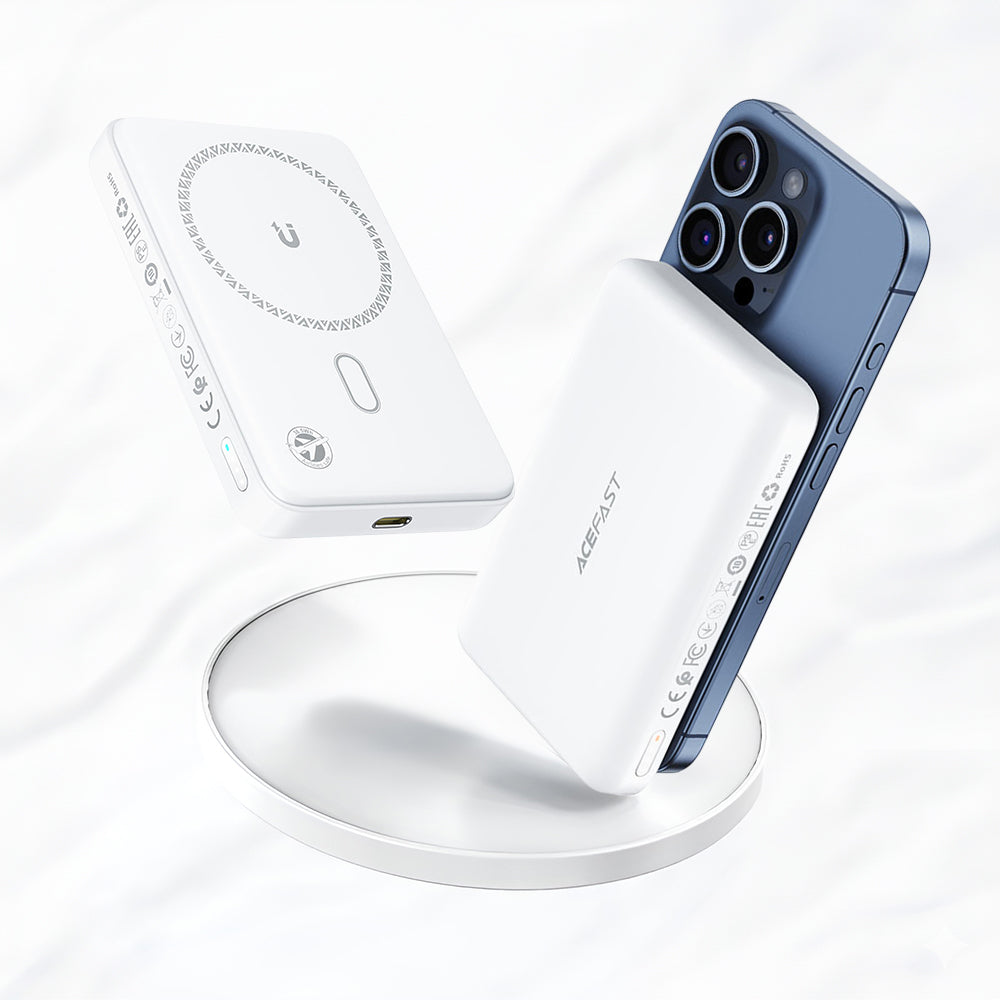 Acefast M26 vezeték nélküli külső akkumulátor, 10000mAh, 20W, PD + FQI, 1 x QI - 1 x USB-C, Fehér