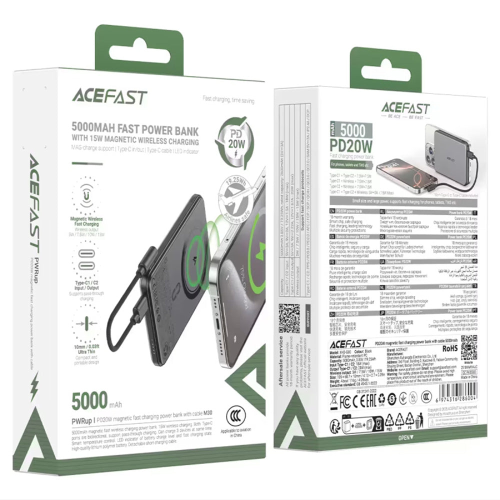 Vezeték nélküli külső akkumulátor Acefast M30, 5000mAh, 20W, PD + FQI, 1 x QI - 2 x USB-C, Fekete