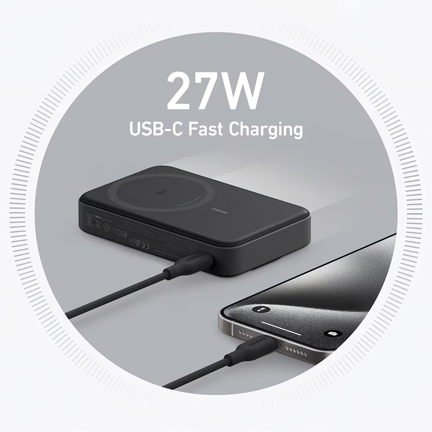 Anker MagGo vezeték nélküli külső akkumulátor, 10000mAh, 27W, PD + FQI, 1 x QI - 1 x USB-C, fekete A1654G11