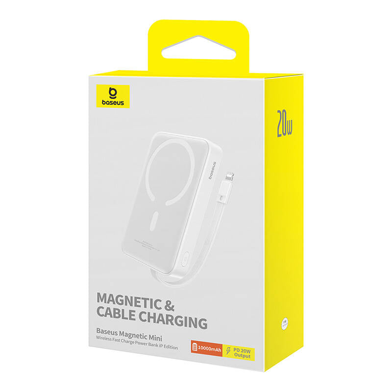 Baseus Magnetic Mini vezeték nélküli külső akkumulátor, 10000mAh, 20W, PD + FQI, 1 x Lightning - 1 x QI - 1 x USB-C, Fehér P10022109223-00