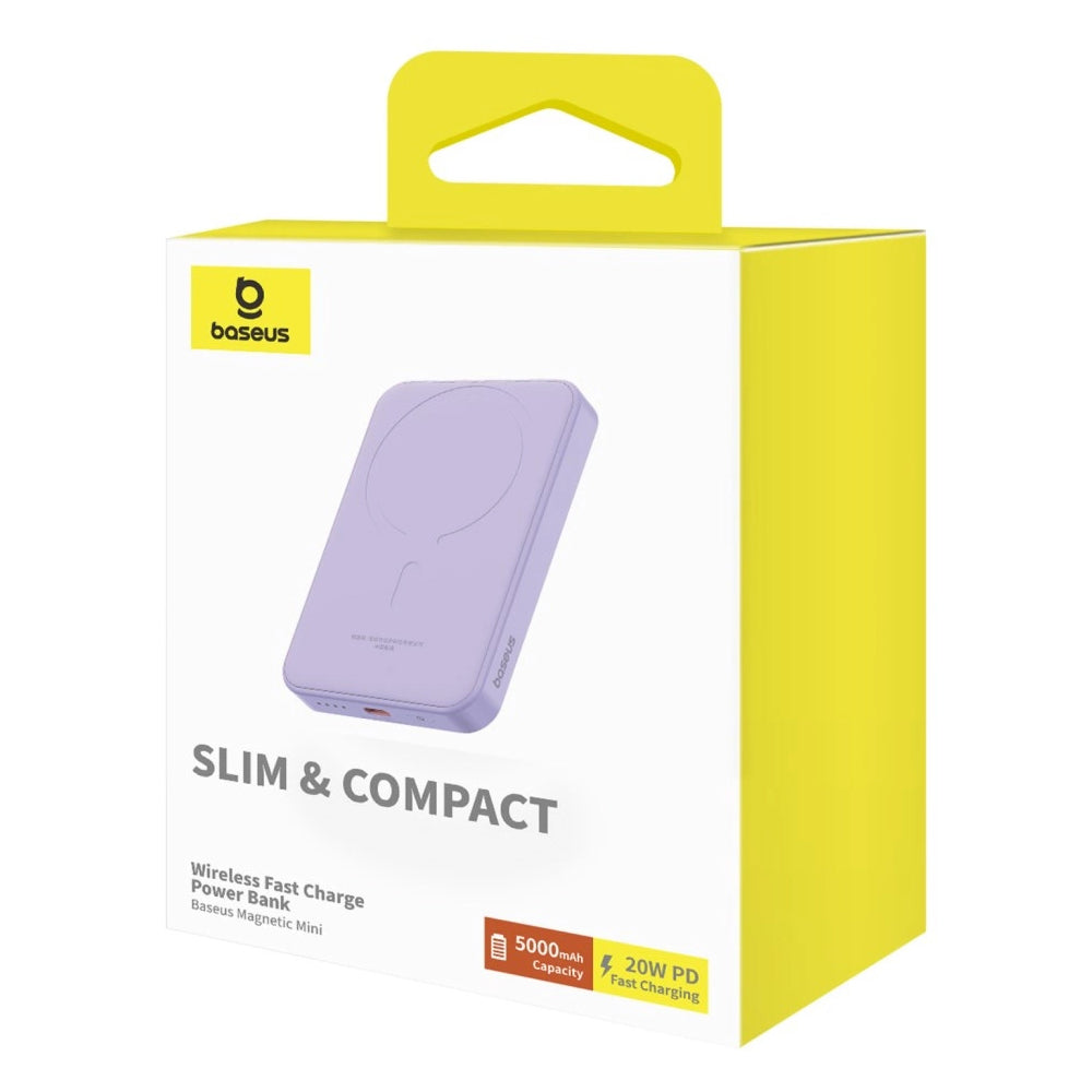 Baseus Magnetic Mini vezeték nélküli külső akkumulátor, 5000mAh, 20W, PD + FQI, 1 x QI - 1 x USB-C, Lila P10022107513