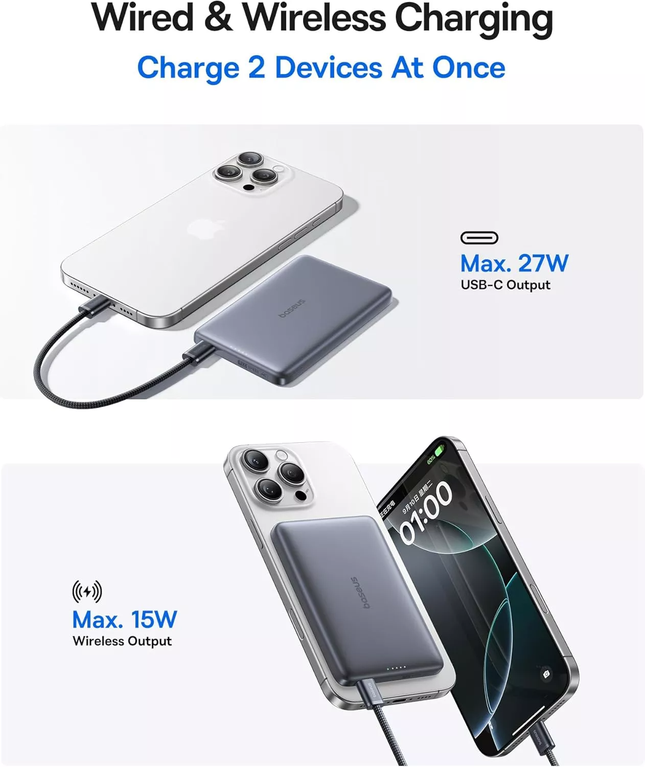 Baseus PicoGo AM41 külső vezeték nélküli akkumulátor, 10000mAh, 27W, PD + FQI, 1 x QI - 1 x USB-C, Szürke E0027200