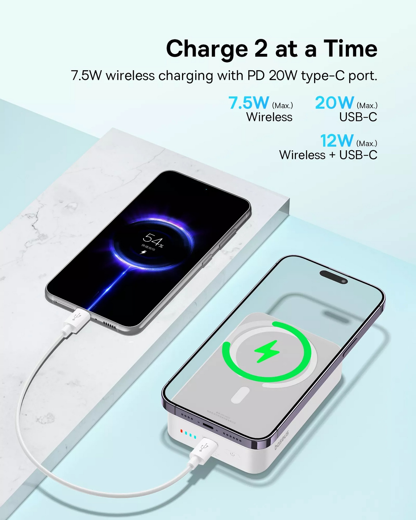 Baseus EnerFill FM41 Mini vezeték nélküli külső akkumulátor, 20000mAh, 20W, PD + FQI, 1 x QI - 1 x USB-C, Fehér E0027U01