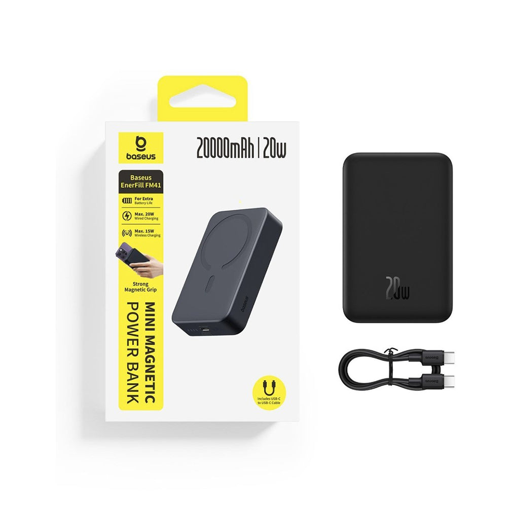 Baseus EnerFill FM41 vezeték nélküli külső akkumulátor, 20000mAh, 20W, PD - FQI, 1 x QI - 1 x USB-C, fekete E0027U00