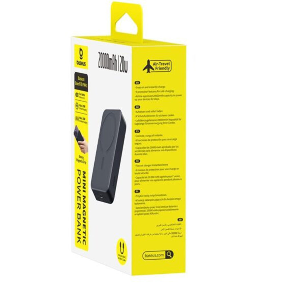 Baseus EnerFill FM41 vezeték nélküli külső akkumulátor, 20000mAh, 20W, PD - FQI, 1 x QI - 1 x USB-C, fekete E0027U00