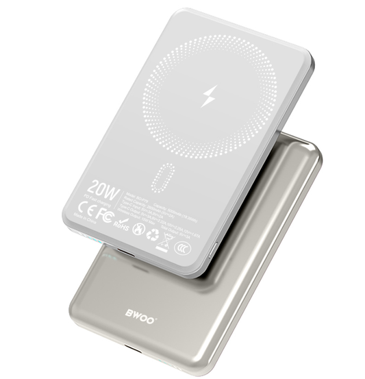 BWOO P79 vezeték nélküli külső akkumulátor, 5000mAh, 20W, PD + FQI, 1 x QI - 1 x USB-C, Szürke