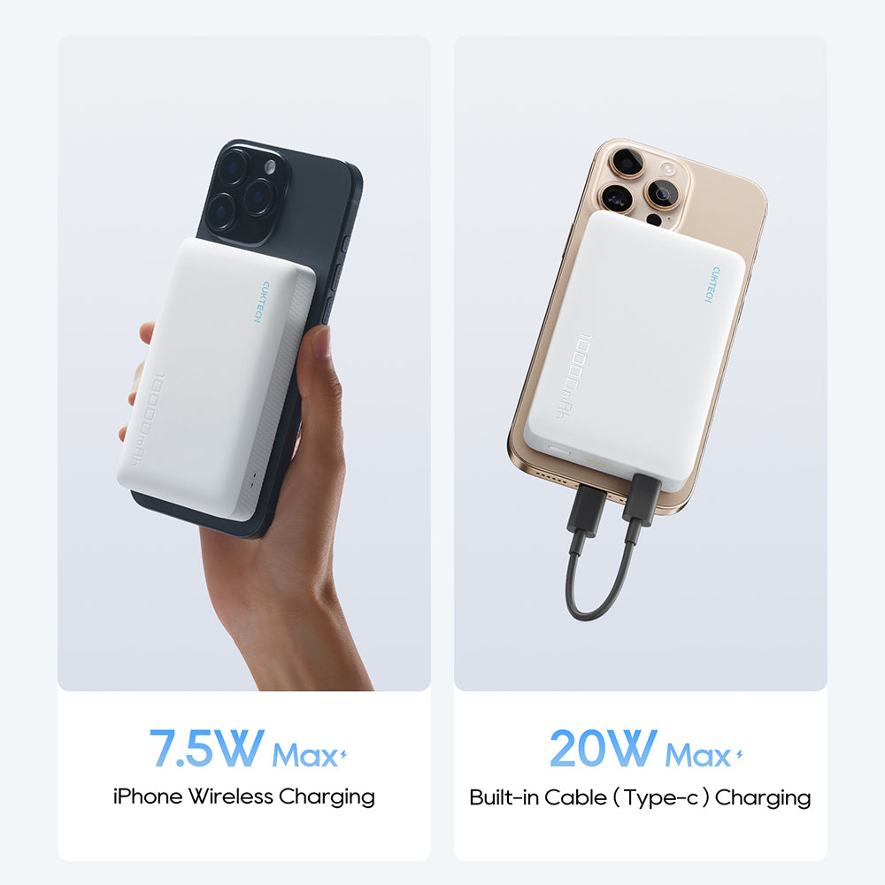 Cuktech WPB100N vezeték nélküli külső akkumulátor, 10000mAh, 20W, PD + FQI, 1 x QI - 1 x USB-C, Fehér CKWPB100NGLGR