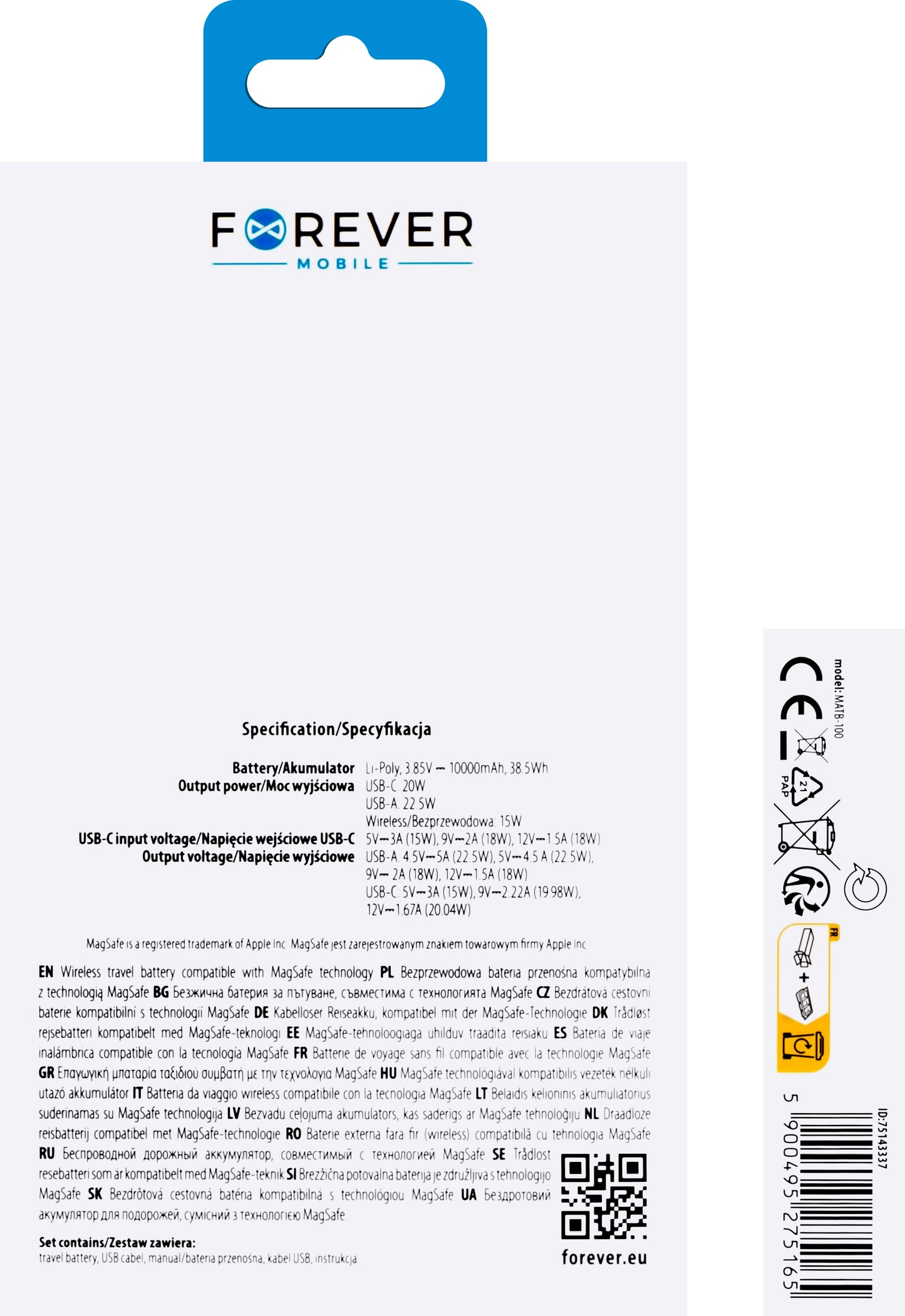 Forever MATB-100 vezeték nélküli külső akkumulátor, 10000mAh, 22,5W, QC + PD + FQI, 1 x QI - 1 x USB-A - 1 x USB-C, fekete színű