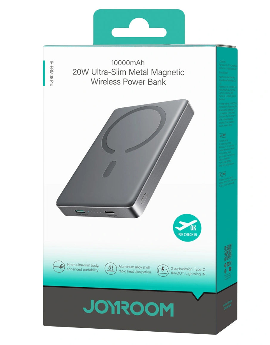Joyroom JR-PBM08 Pro vezeték nélküli külső akkumulátor, 10000mAh, 22,5W, PD + FQI, 1 x QI - 2 x USB-C, Szürke