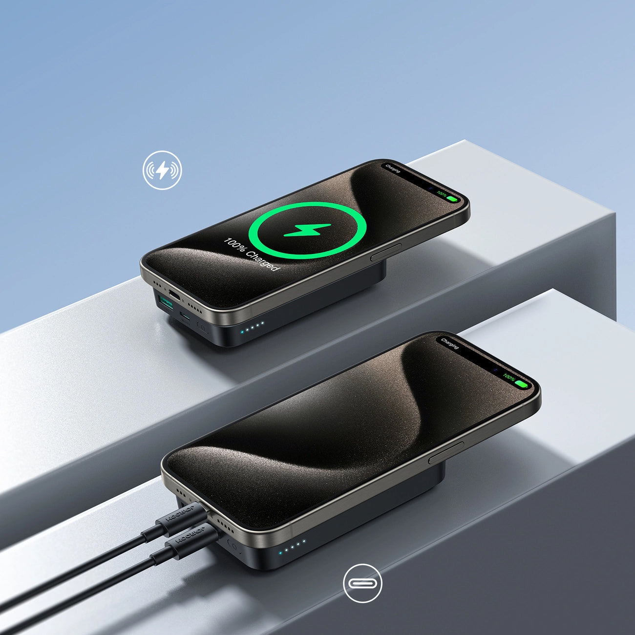 Joyroom JR-W020 vezeték nélküli külső akkumulátor, 10000mAh, 20W, QC + PD + FQI, 1 x QI - 1 x USB-A - 1 x USB-C, Fekete