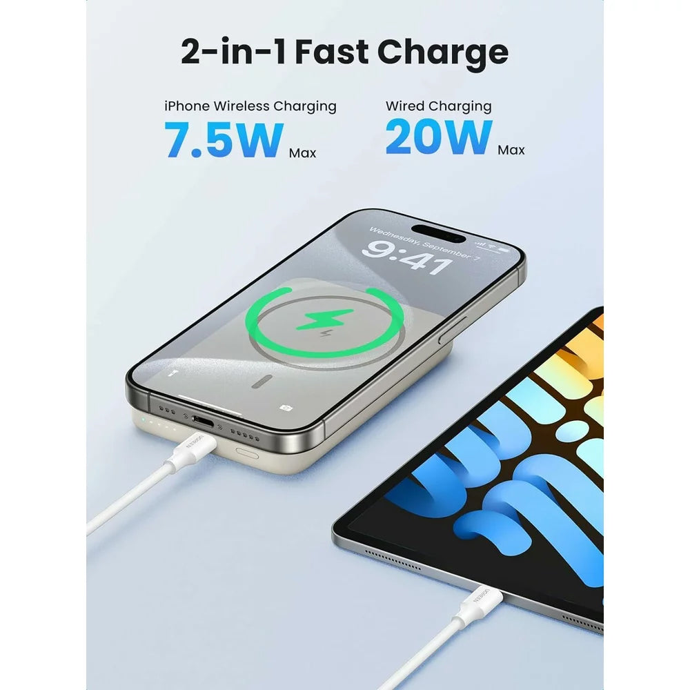 UGREEN PB561 vezeték nélküli külső akkumulátor, 10000mAh, 20W, PD + FQI, 1 x QI - 1 x USB-C, bézs