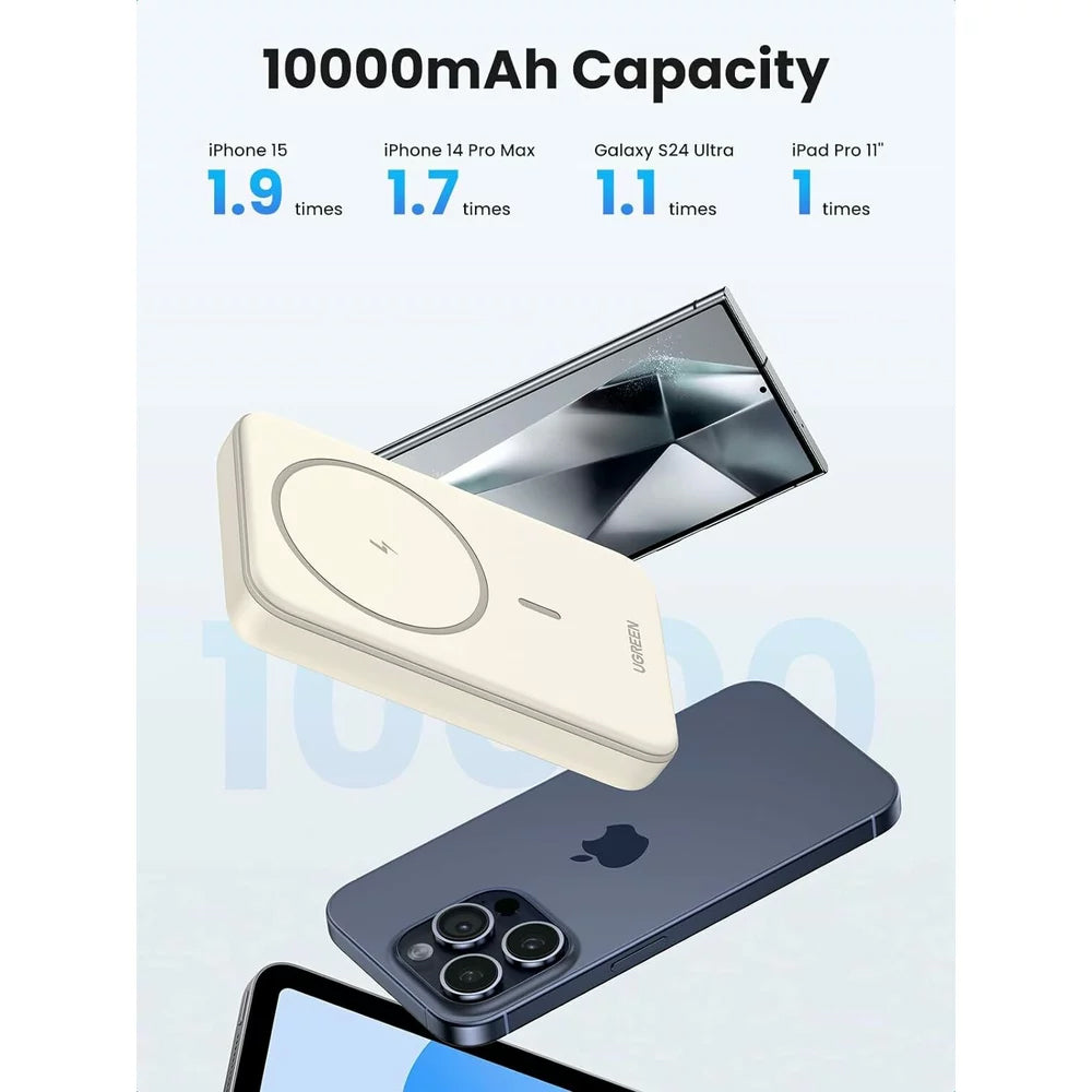 UGREEN PB561 vezeték nélküli külső akkumulátor, 10000mAh, 20W, PD + FQI, 1 x QI - 1 x USB-C, bézs