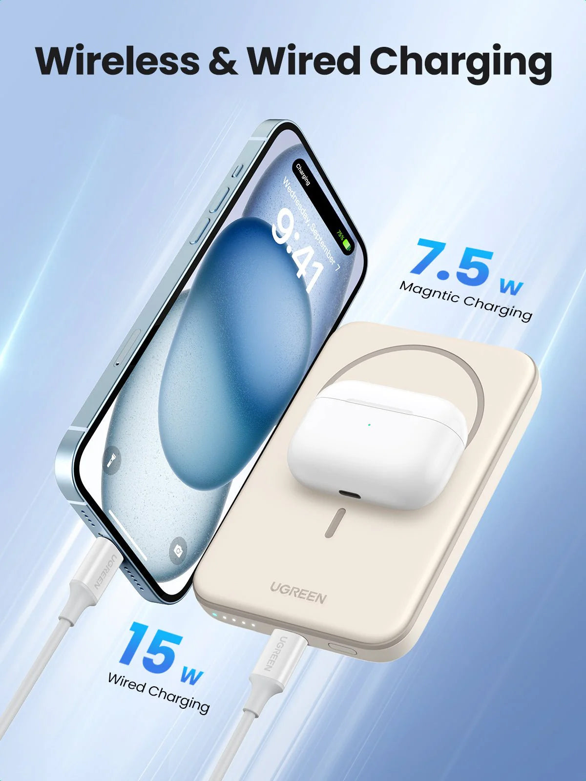UGREEN PB560 vezeték nélküli külső akkumulátor, 5000mAh, 15W, PD + QI, 1 x QI - 1 x USB-C, bézs