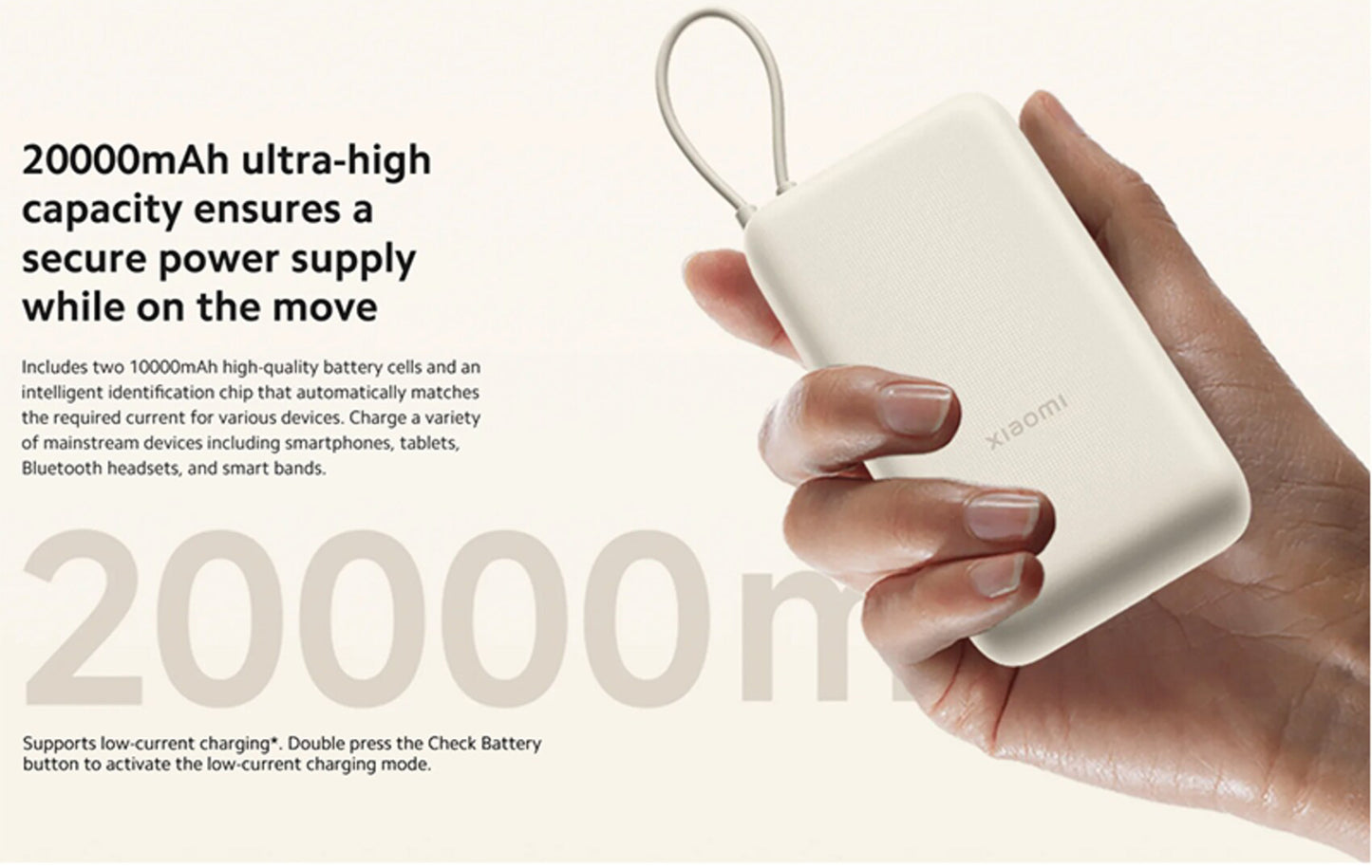 Xiaomi külső akkumulátor, 20000mAh, 33W, QC + PD, 1 x USB-A - 2 x USB-C, Bézs BHR8851GL