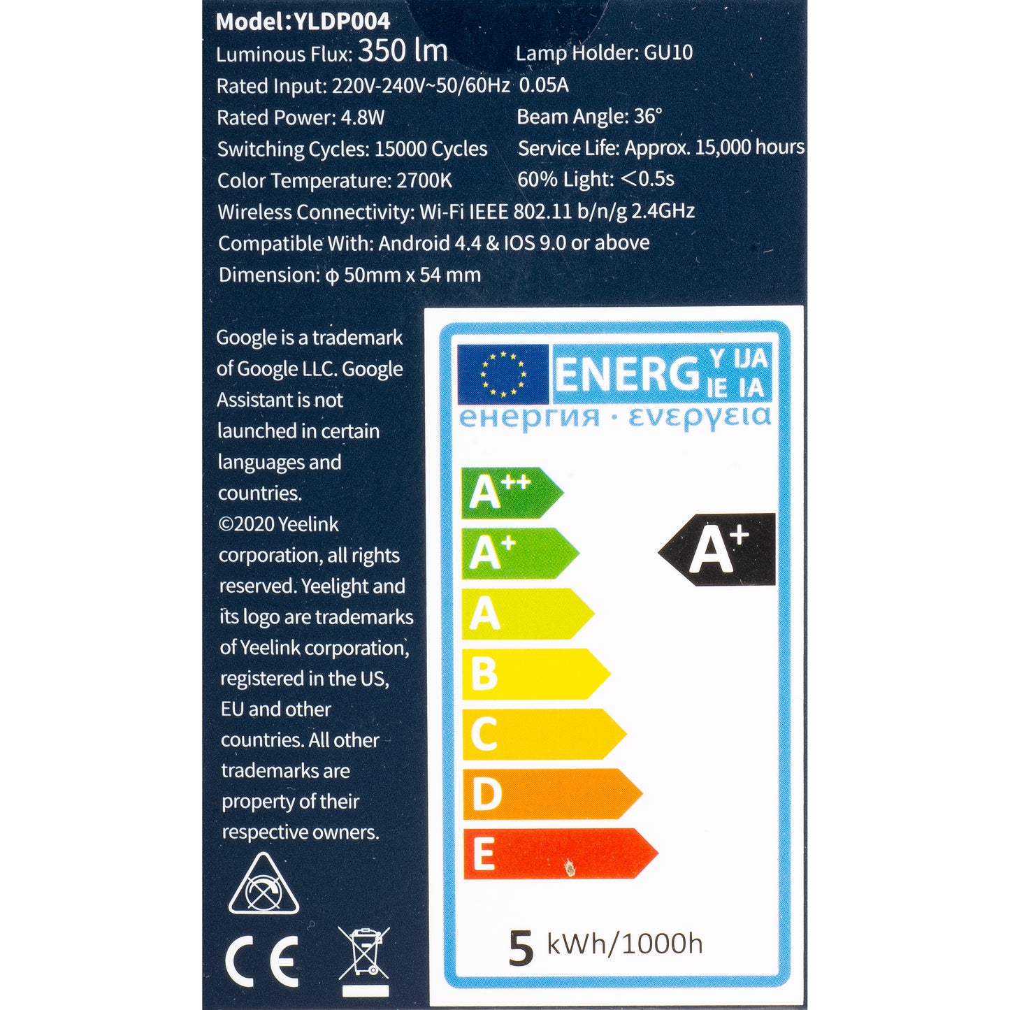 Yeelight W1 LED izzó, Wi-Fi, GU10, 4.8W, 2700K, 350lm YLDP004