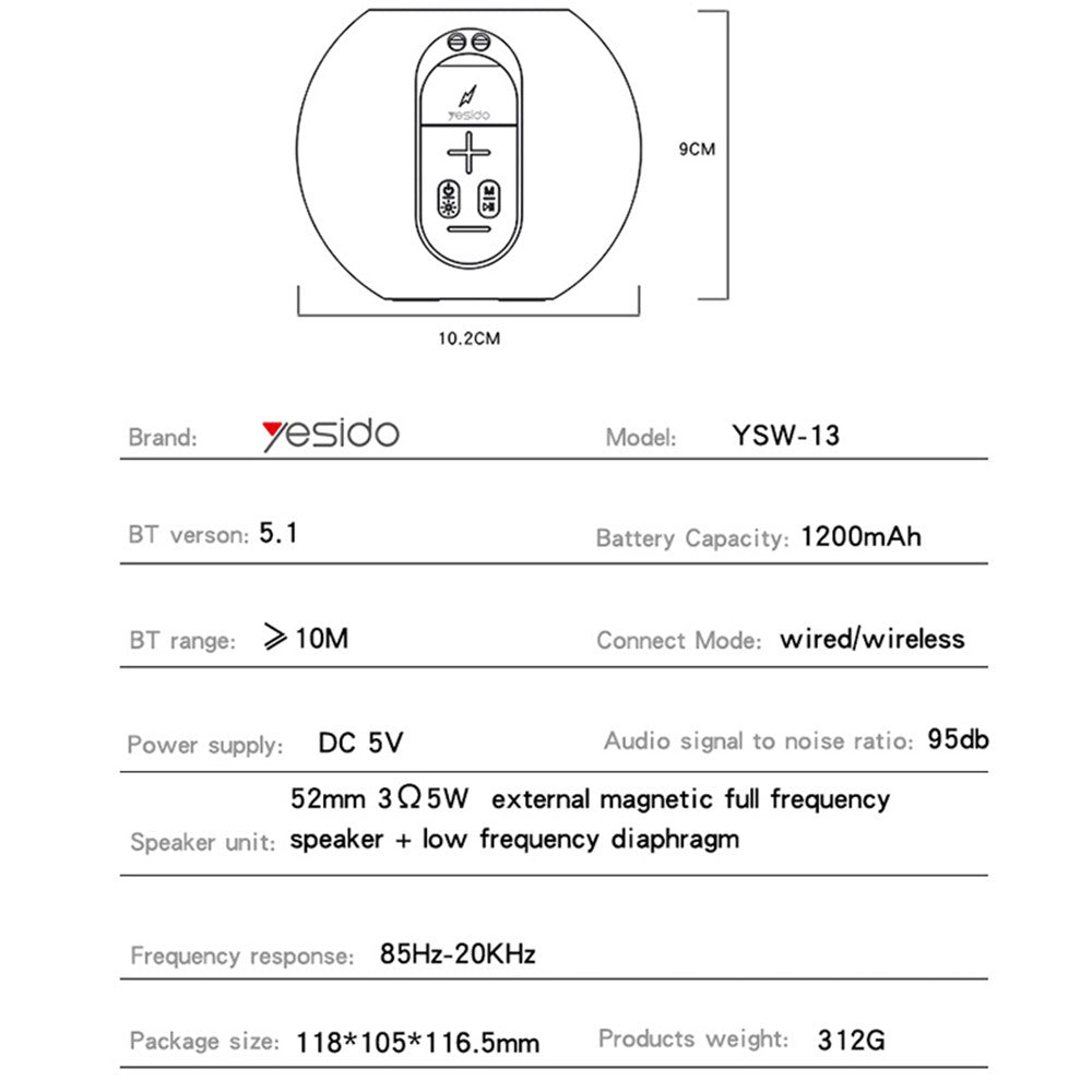 Hordozható Bluetooth Hangszóró Yesido YSW13, 5W, RGB, Kék