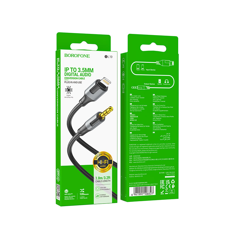 Lightning - 3,5 mm-es Borofone BL19 Creator audio kábel, 1m, fekete