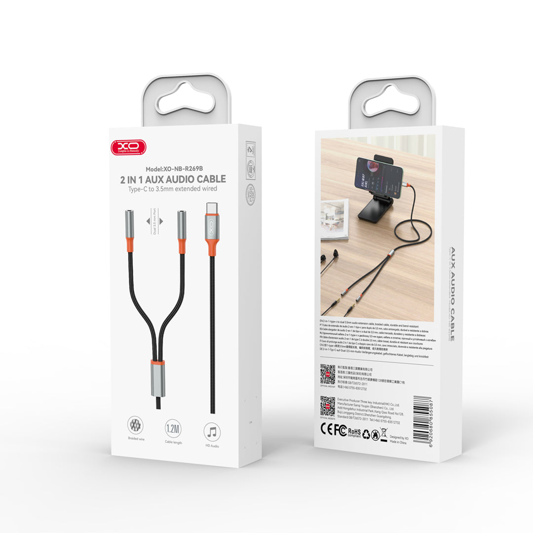 USB-C Audio Splitter kábel - 2 x 3,5 mm XO Design NB-R269B 2in1, 1,2m, Fekete
