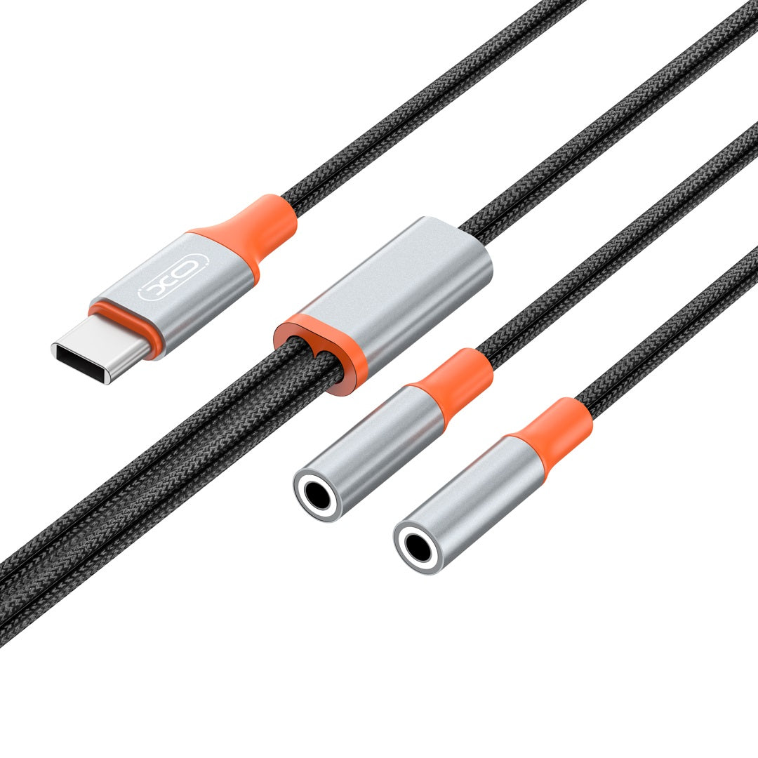 USB-C Audio Splitter kábel - 2 x 3,5 mm XO Design NB-R269B 2in1, 1,2m, Fekete