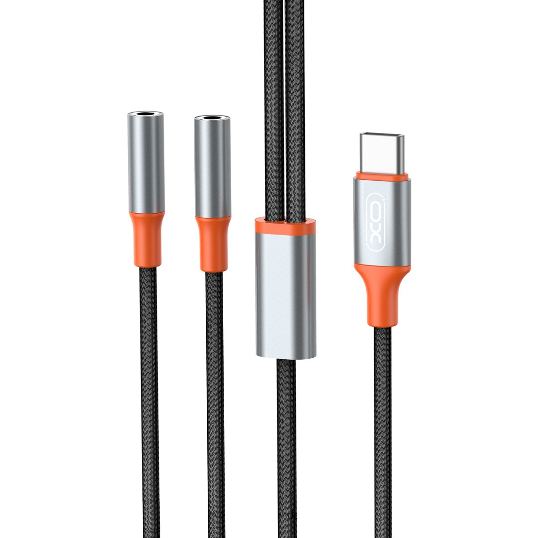 USB-C Audio Splitter kábel - 2 x 3,5 mm XO Design NB-R269B 2in1, 1,2m, Fekete