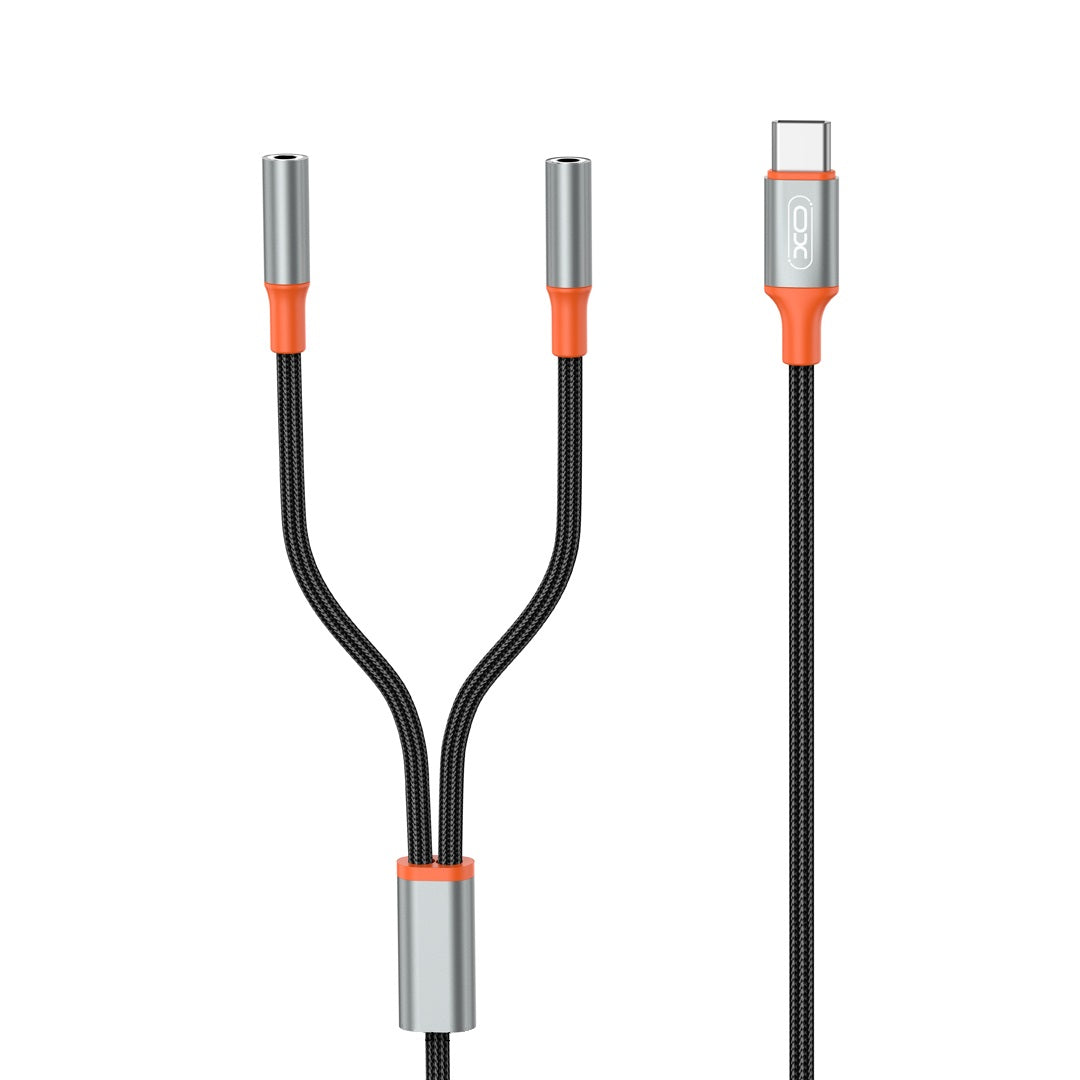 USB-C Audio Splitter kábel - 2 x 3,5 mm XO Design NB-R269B 2in1, 1,2m, Fekete