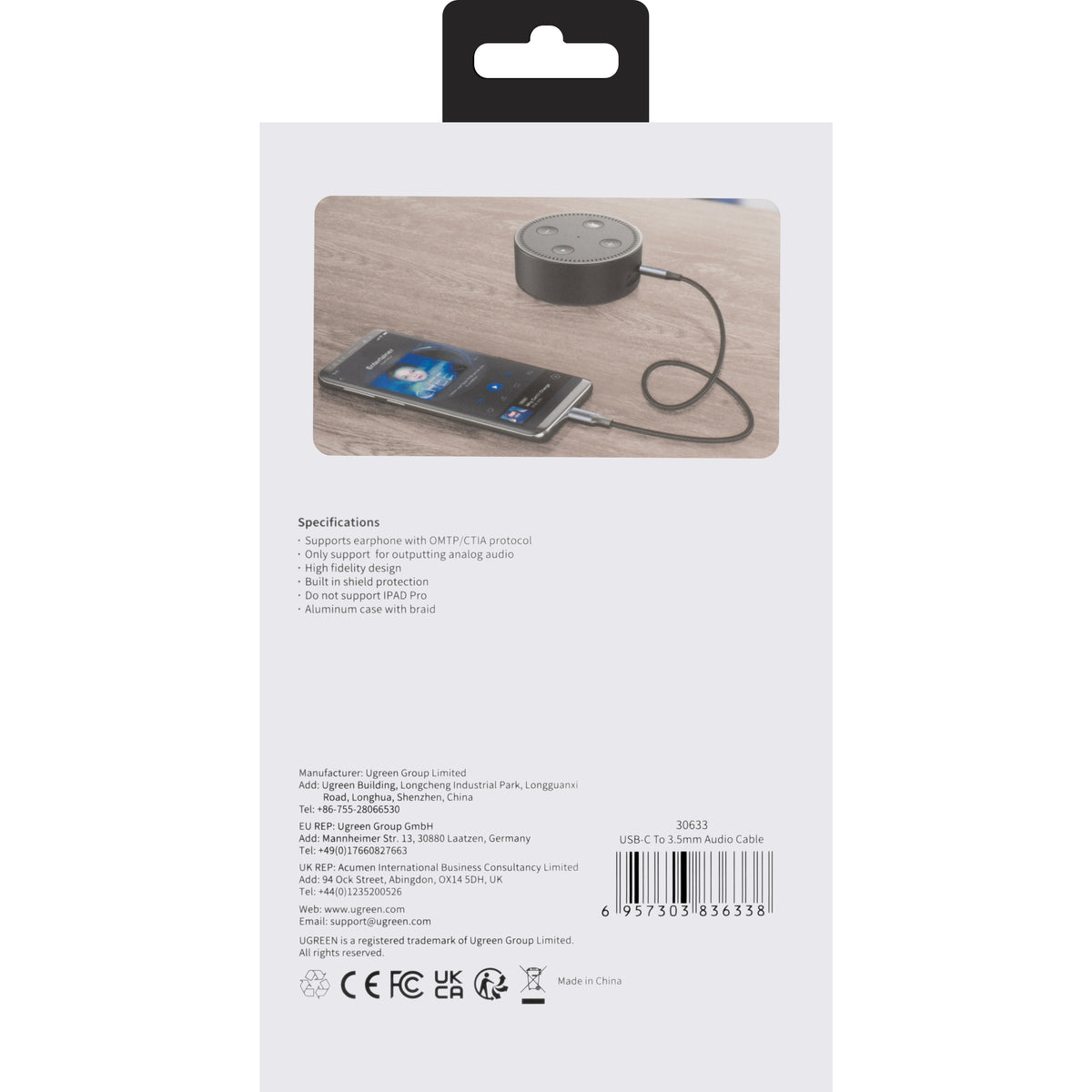 USB-C - 3.5mm UGREEN AV143 Audio Kábel, 1m, Szürke
