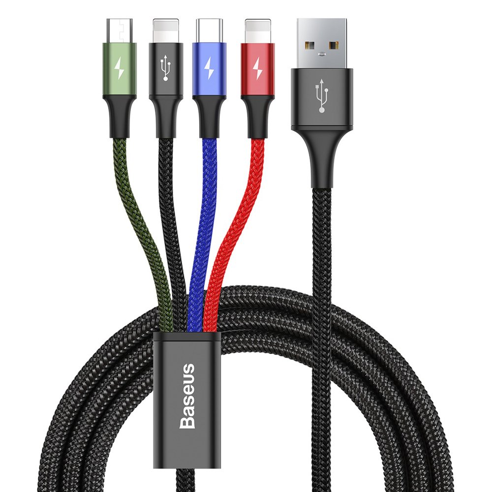 USB-A - 2 x Lightning / microUSB / USB-C Baseus Rapid 4in1 töltőkábel, 20W, 1,2m, fekete CA1T4-A01
