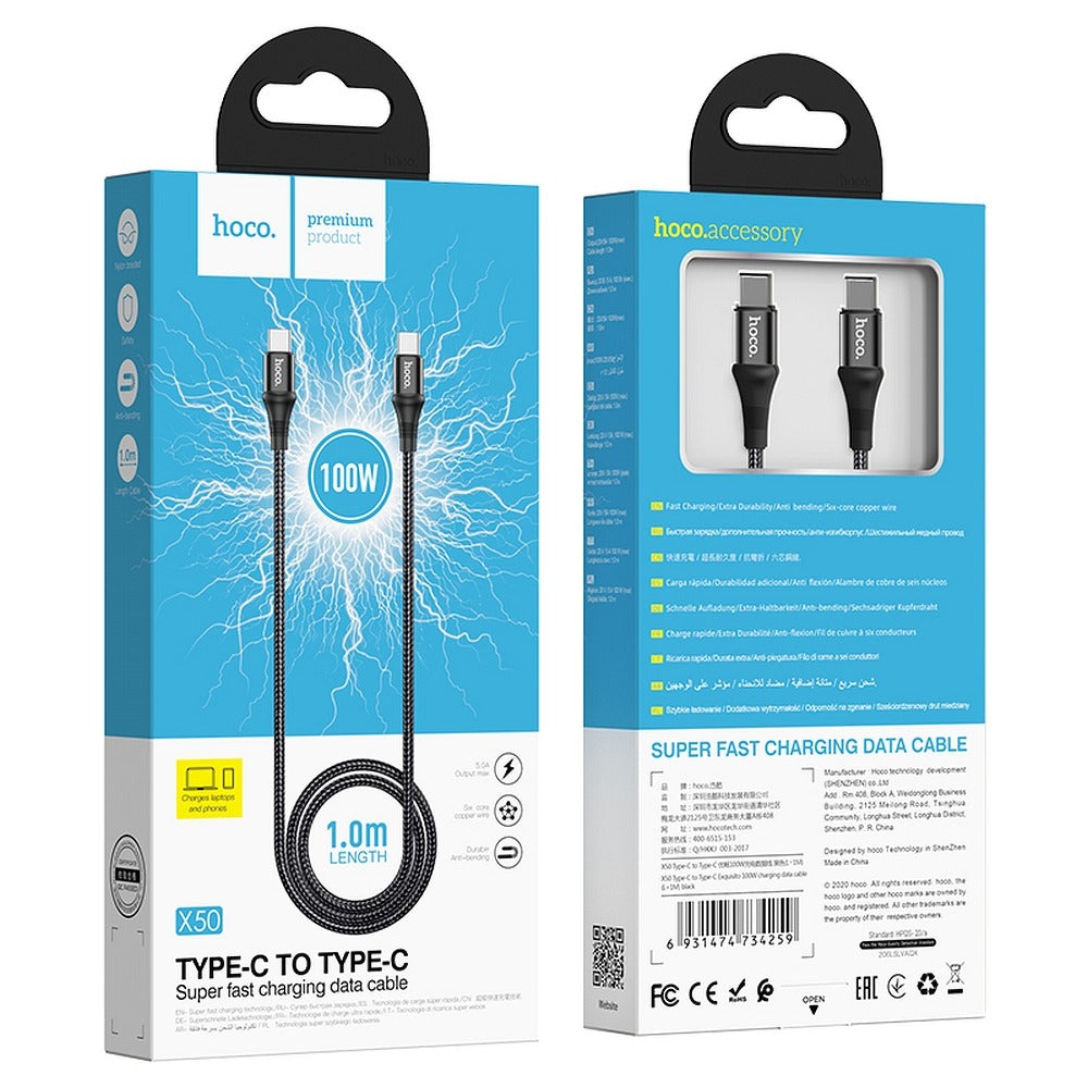 USB-C adat- és töltőkábel - USB-C HOCO X50, 100W, 1m, fekete