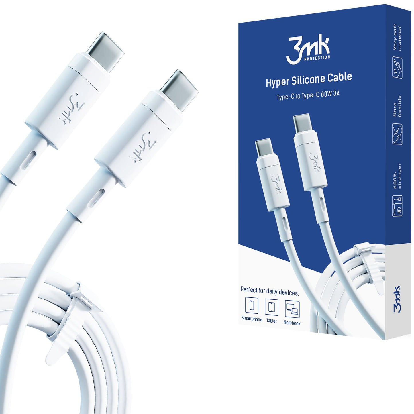 USB-C adat- és töltőkábel - USB-C 3MK Hyper szilikon, 60W, 1m, fehér