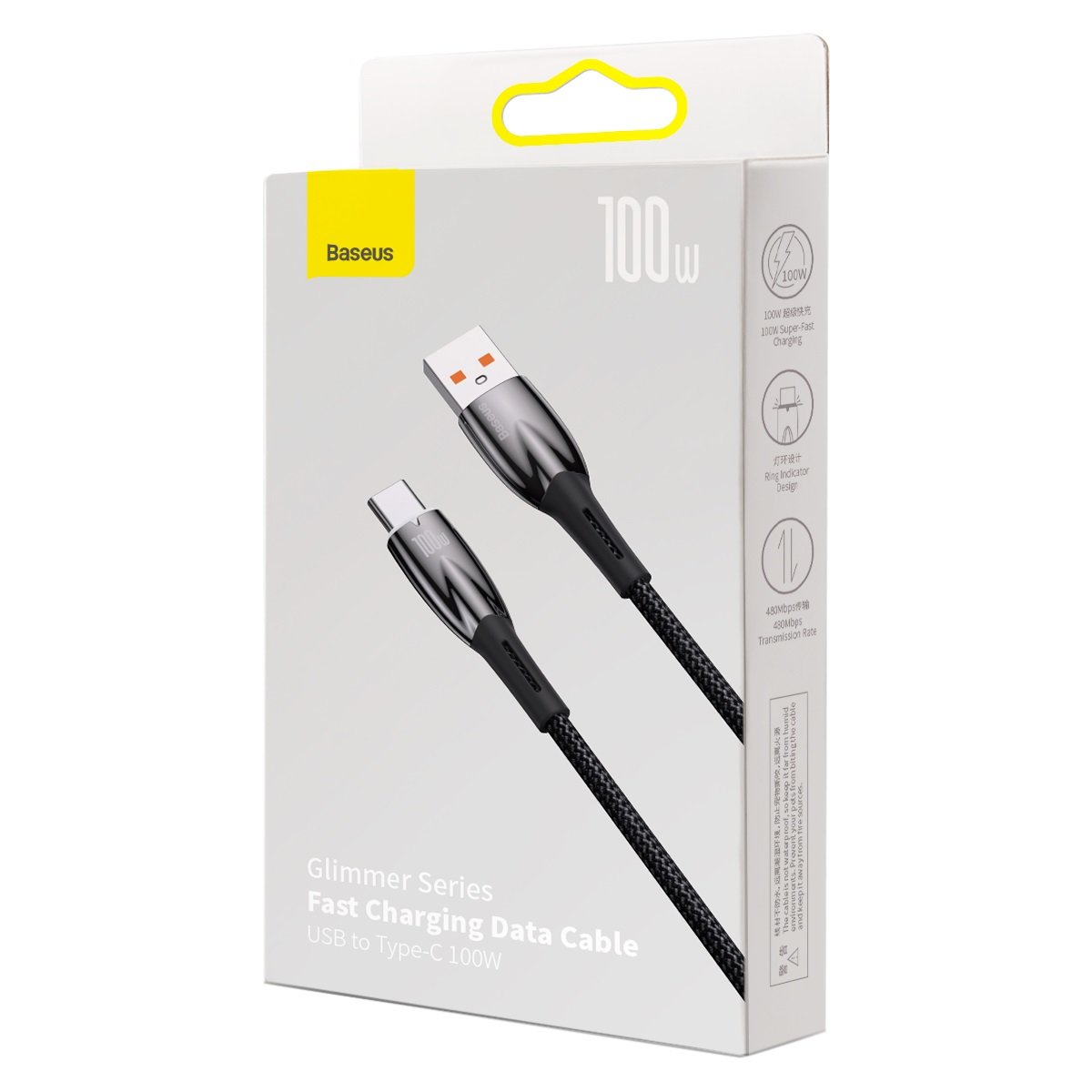 USB-A-ról USB-C-re Baseus Glimmer sorozatú adat- és töltőkábel, 100W, 2m, fekete CADH000501 CADH000501 CADH000501