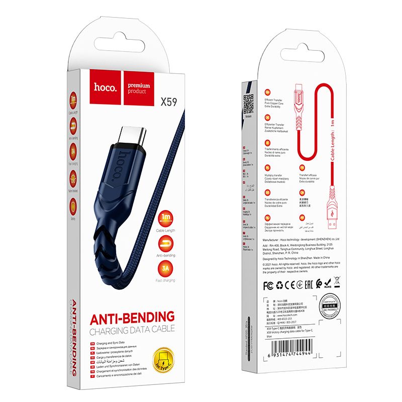 USB-A - USB-C HOCO X59 Victory adat- és töltőkábel, 18W, 1m, kék