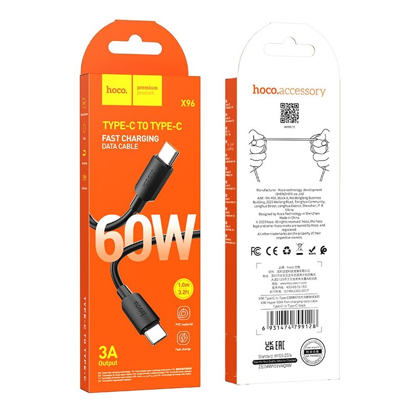 USB-C adat- és töltőkábel - USB-C HOCO HOCO X96, 60W, 1m, Fekete