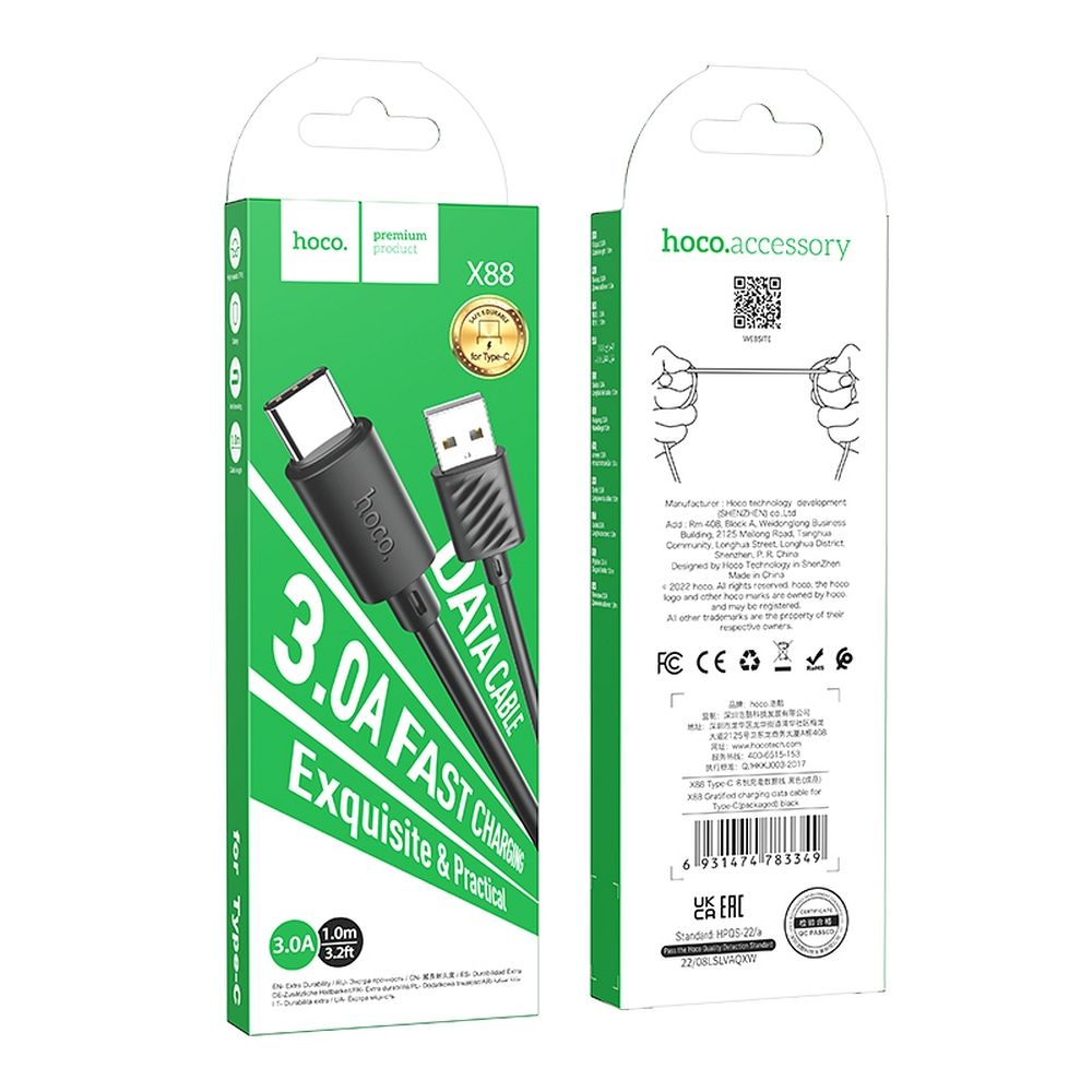 Adat- és töltőkábel USB-A - USB-C HOCO X88, 18W, 1m, Fekete
