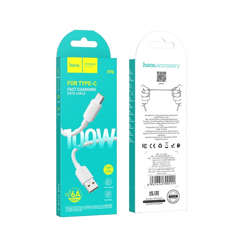 USB-A - USB-C HOCO X96 adat- és töltőkábel, 100W, 1m, Fehér