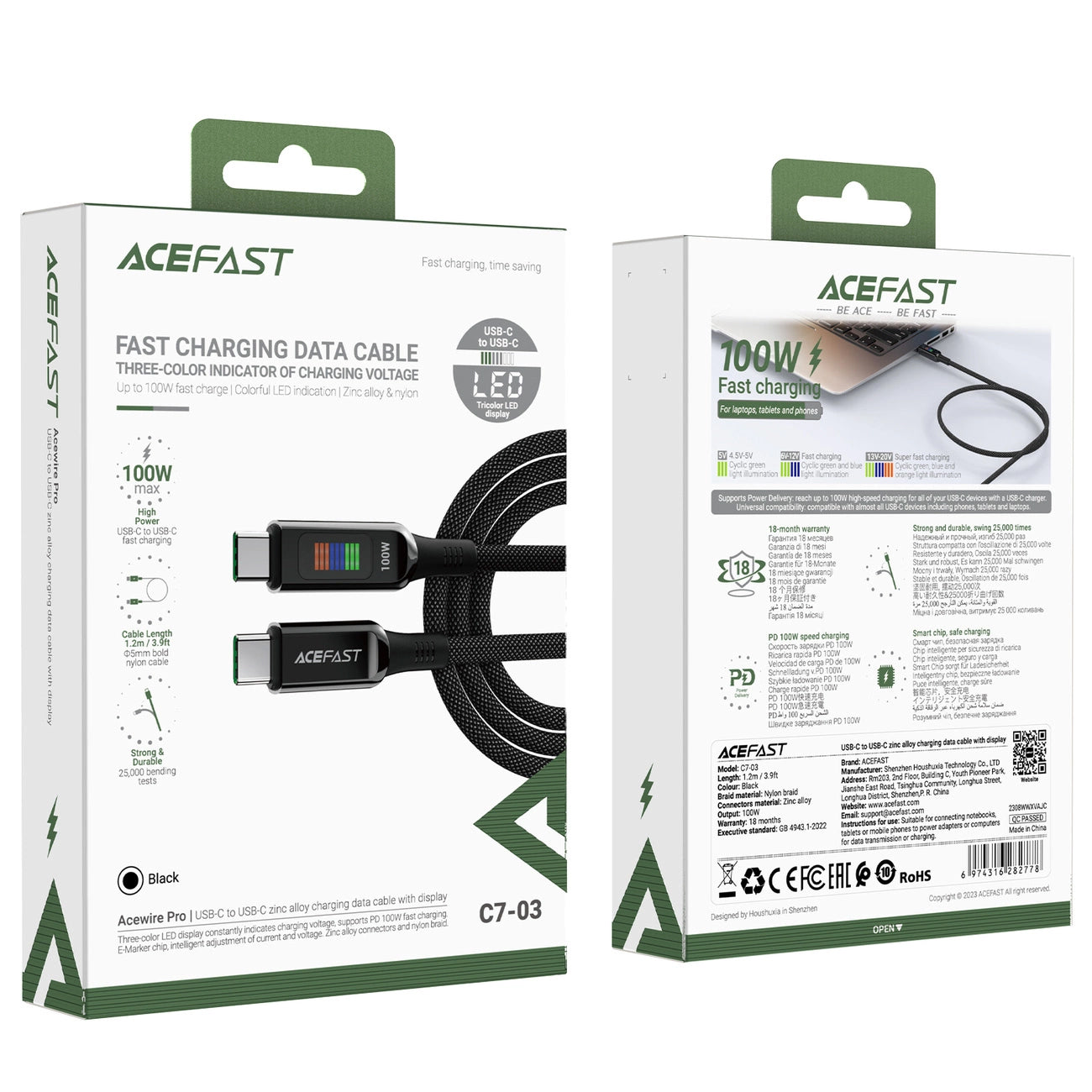 USB-C - USB-C Acefast C7-03 adat- és töltőkábel, 100W, 1.2m, Fekete