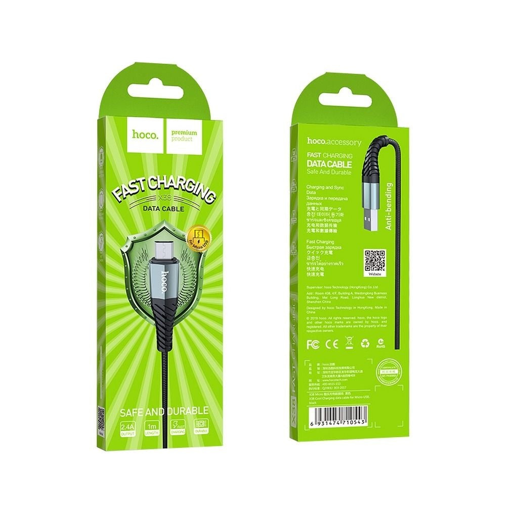 HOCO X38 Cool USB-A - microUSB adat- és töltőkábel, 18W, 1m, Fekete