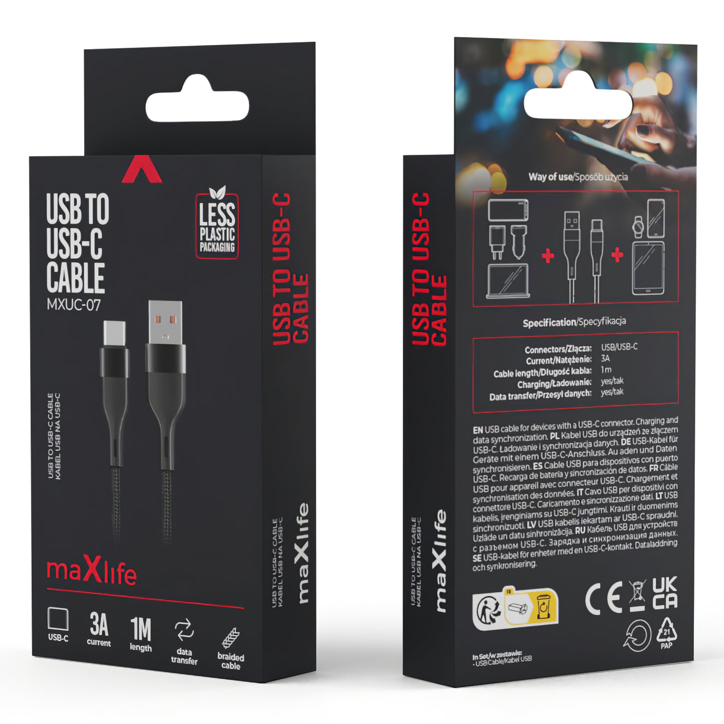 USB-A-ból USB-C-be MaXlife MXUC-07, 20W, 1m, Fekete