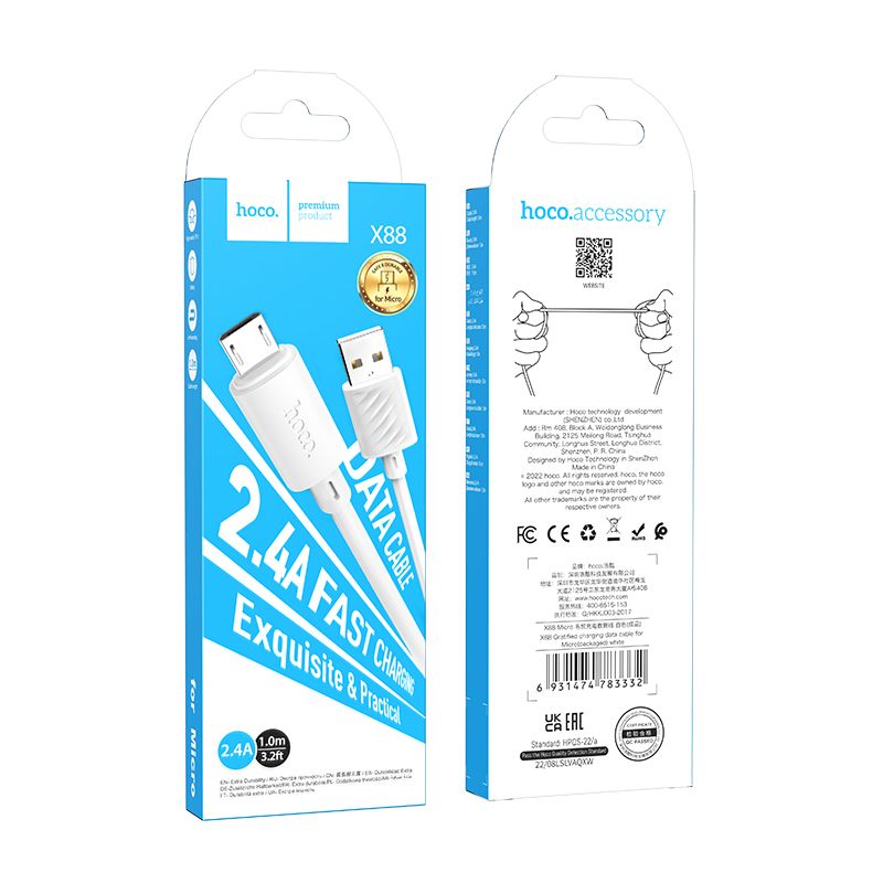 HOCO X88 USB-A - microUSB adat- és töltőkábel, 18W, 1m, Fehér