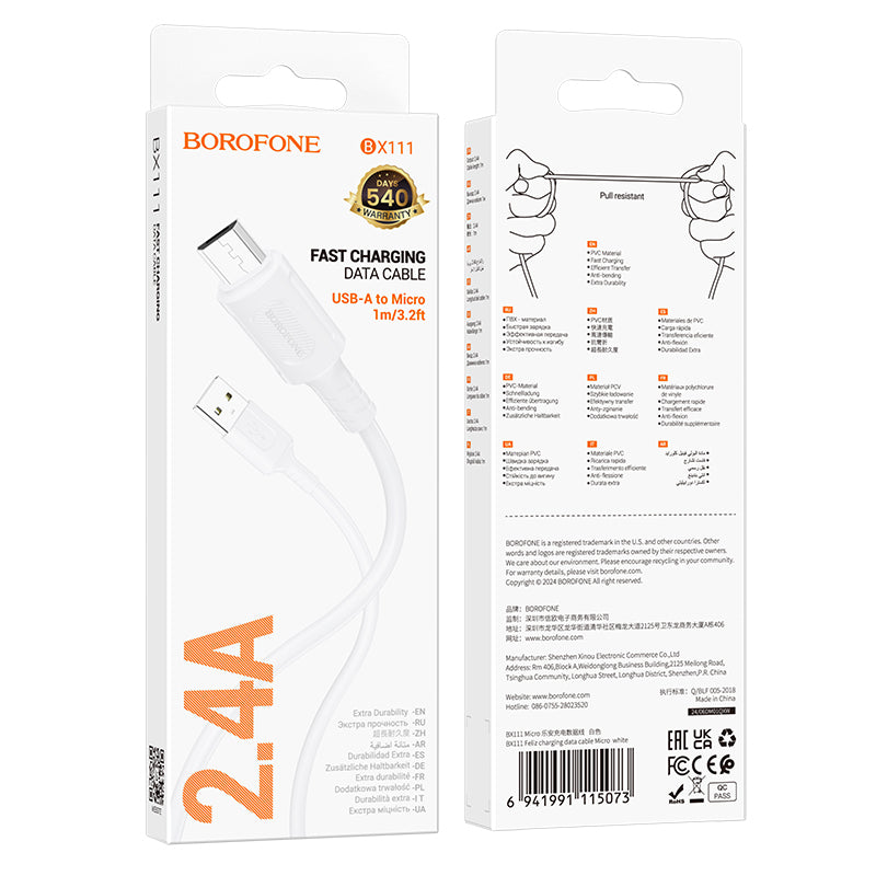 Adat- és töltőkábel USB-A - microUSB Borofone BX111 Feliz, 18W, 1m, Fehér