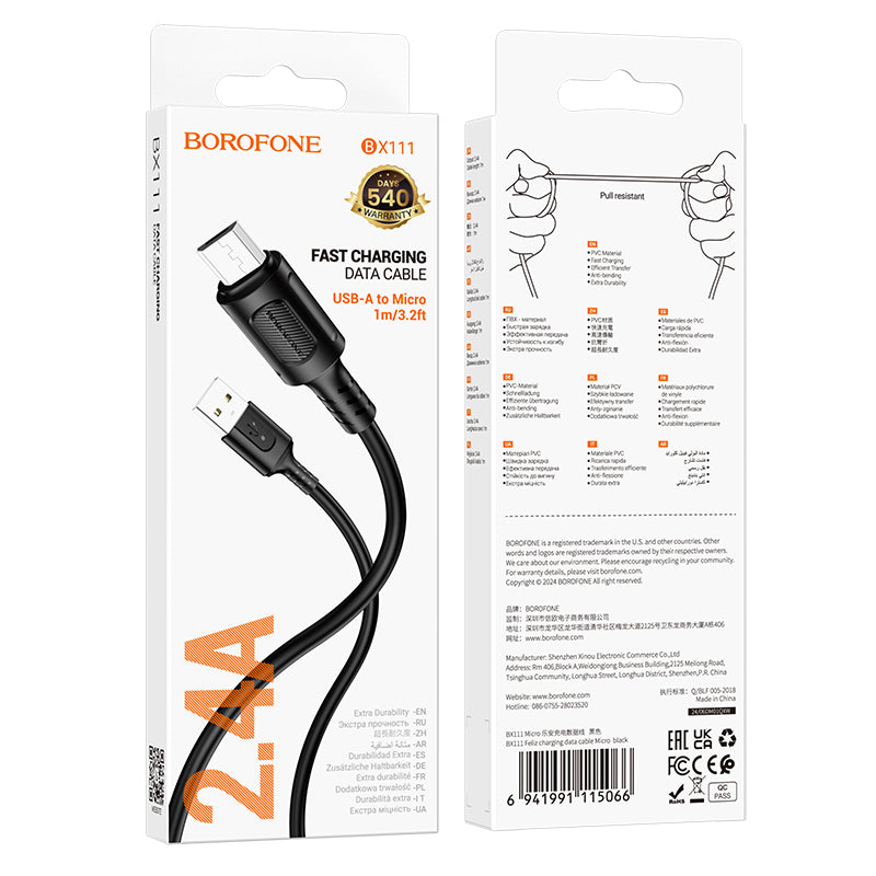 USB-A - microUSB adat- és töltőkábel Borofone BX111 Feliz, 18W, 1m, Fekete