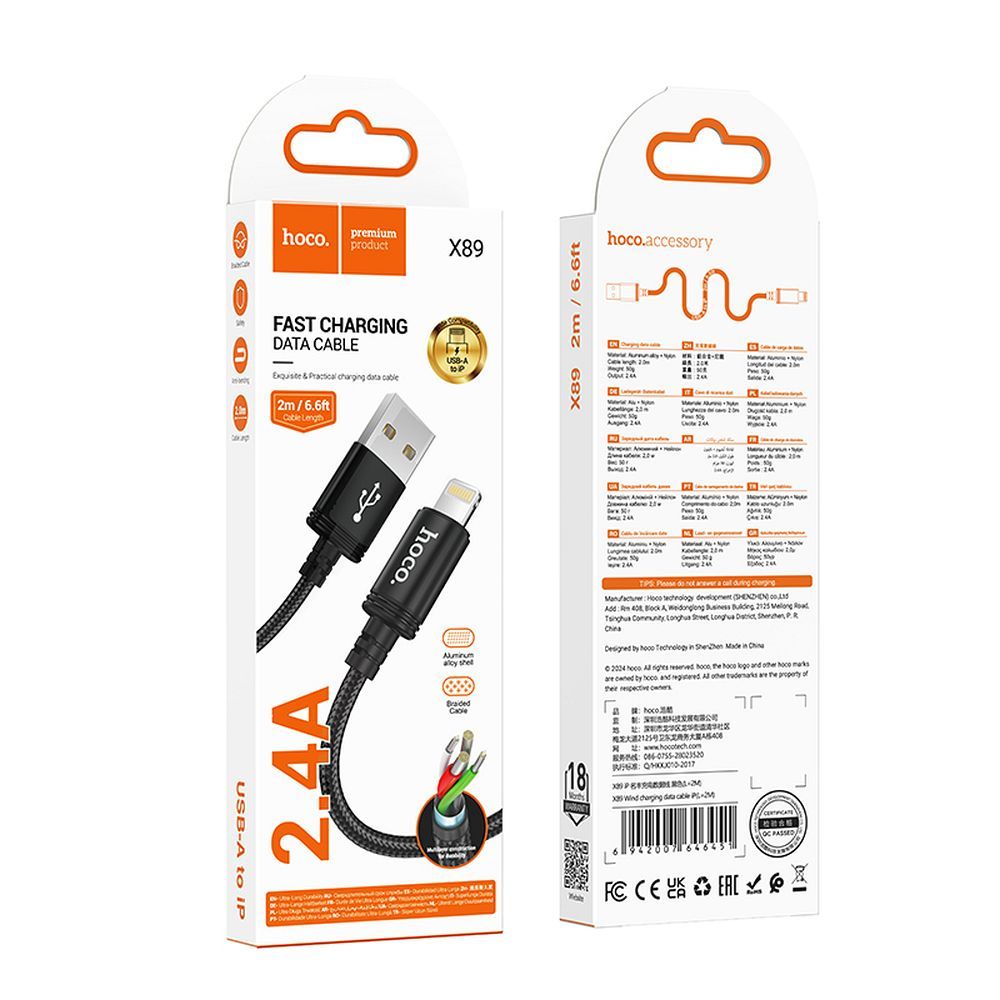 USB-A - Lightning HOCO X89 adat- és töltőkábel, 18W, 2m, Fekete