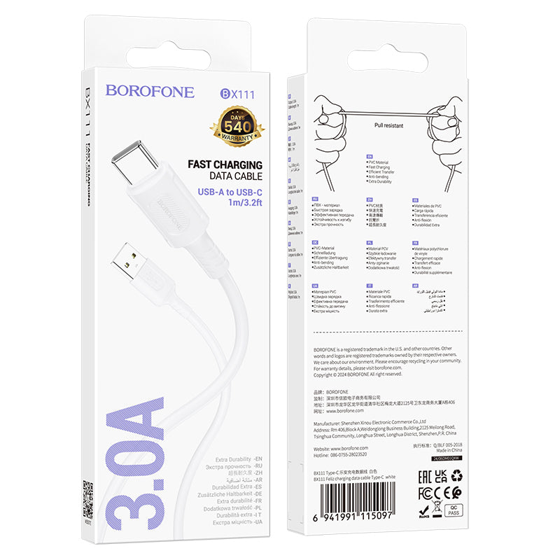 USB-A - USB-C Borofone BX111 Feliz adat- és töltőkábel, 20W, 1m, Fehér